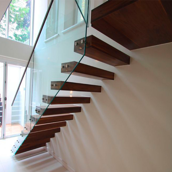 Contemporary Hot Residential Floating Staircase Design Customized Strong One Side Stringer Solid Wood Stairs Treads With Glass Railing
