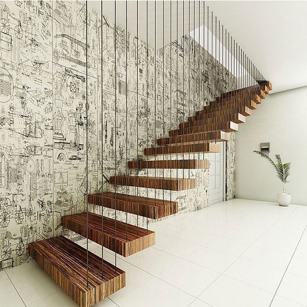 Residential/Commercial Prefabricated Modern Metal Rod/Cable Railing Wooden Stairs Treads Floating Staircase Design 
