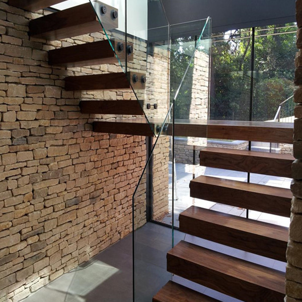 Safety Concise Prefabricated Solid Wood Floating Staircase With One Side Beam Stainless Steel Standoff Tempered Glass Balustrade Design